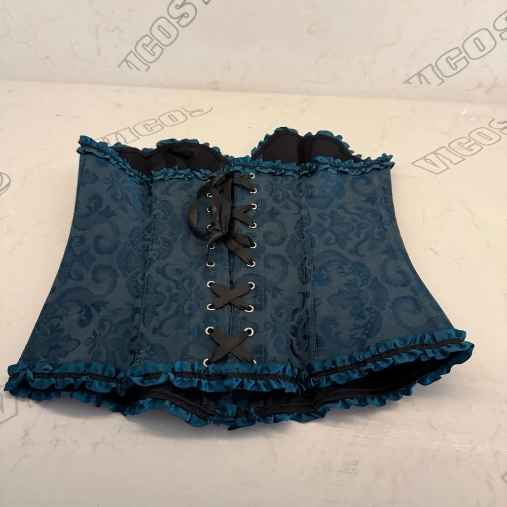 Teal Brocade Corset Top with Black Ribbon Velvety Size L  Whimsigoth Victorian